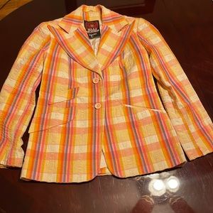 Vintage Elli Modes wide collar seersucker yellow plaid jacket 9/10 Romania